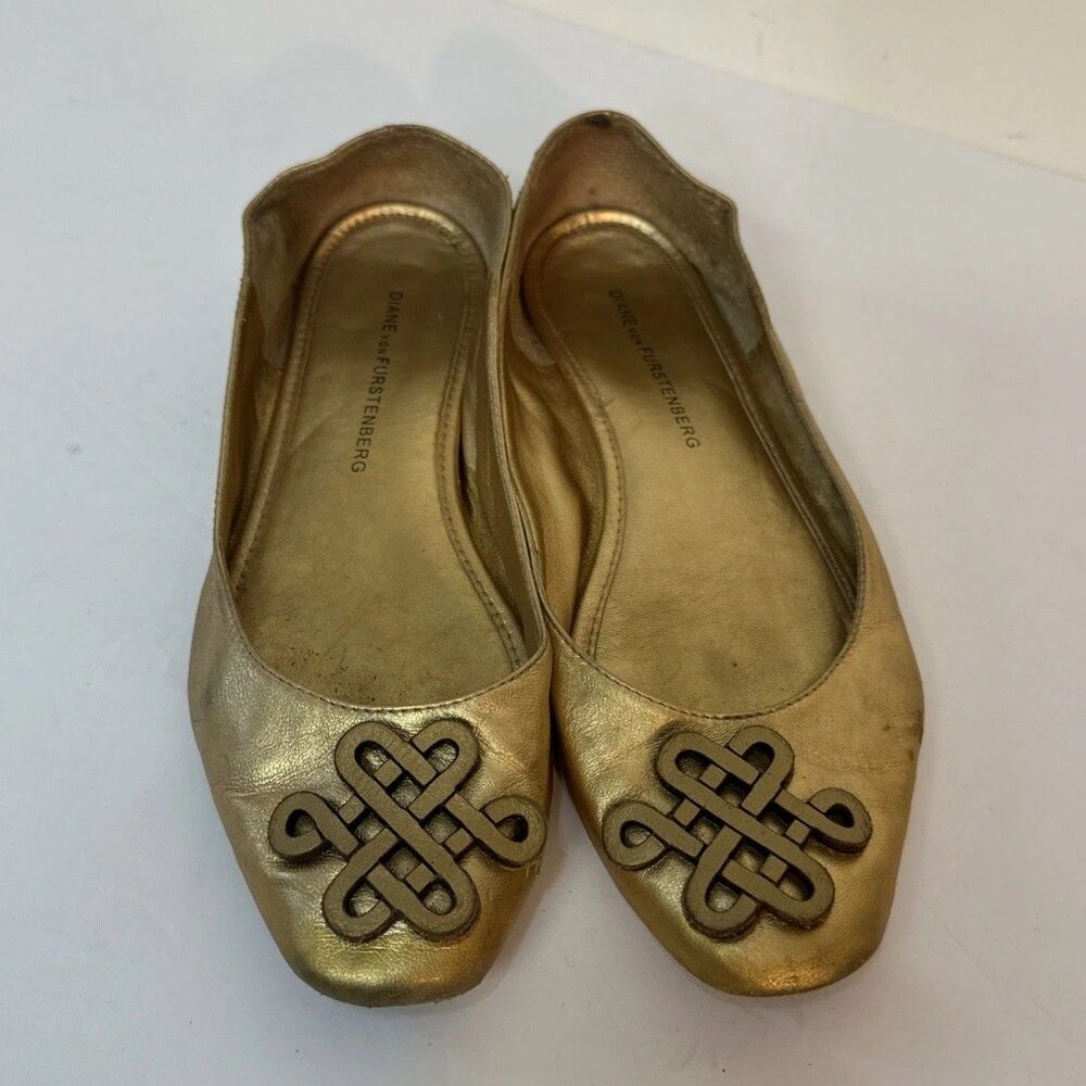 Diane von Furstenberg Metallic Gold Leather Logo Ballet Flats Sz 6.5